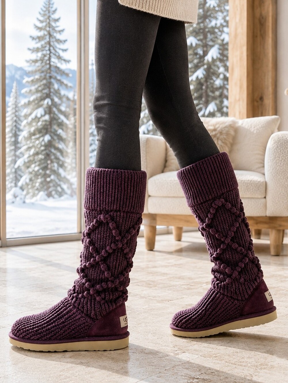 UGG Cardy 5879 Plum Purple Cable Knit Sweater Boots Women's 6